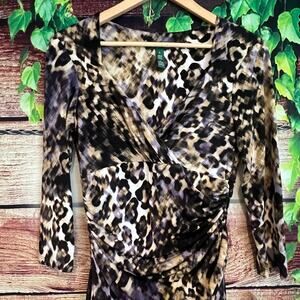 $144 Lauren Ralph Lauren Midi Dress Size 6 Animal Cheetah Print Ruched Wrap